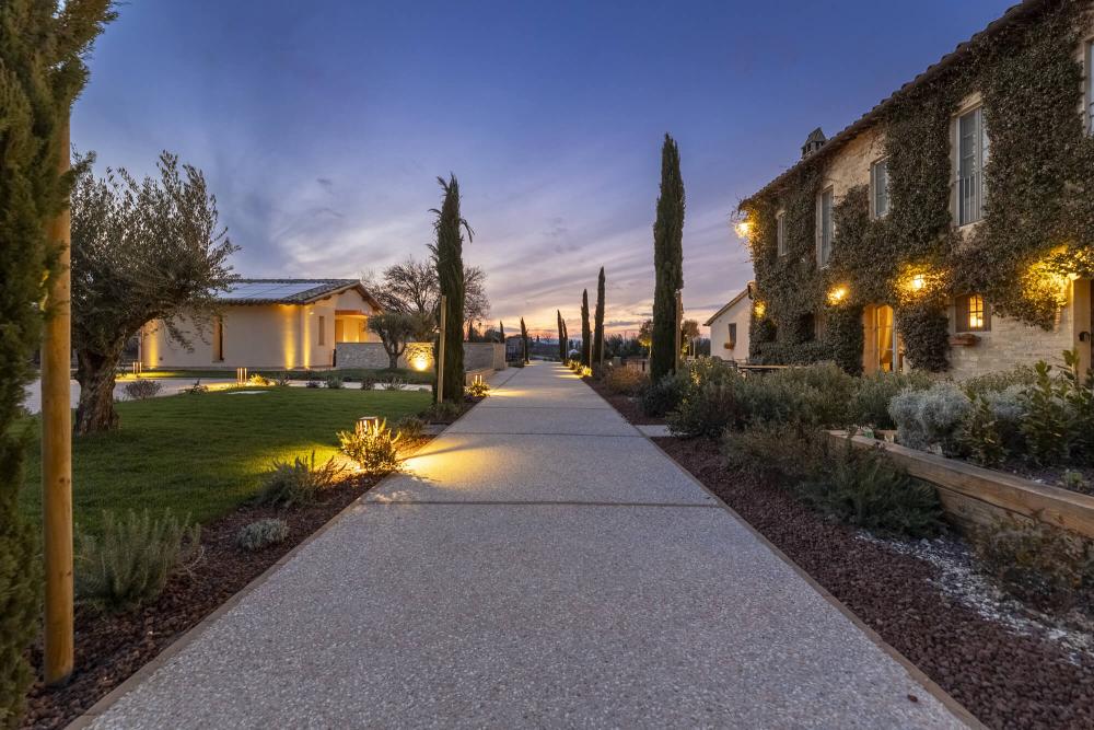 Viale illuminato al tramonto, tra cipressi e case rustiche, atmosfera serena e accogliente.